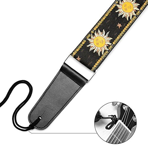Guitar Strap with Real Leather Ends Sun Jacquard Weave For Bass Electric and Acoustic Guitars